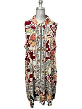 Figuero & Flower Sleeveless Floral Paisley Button-Front Dress Ivory Burgundy 3X